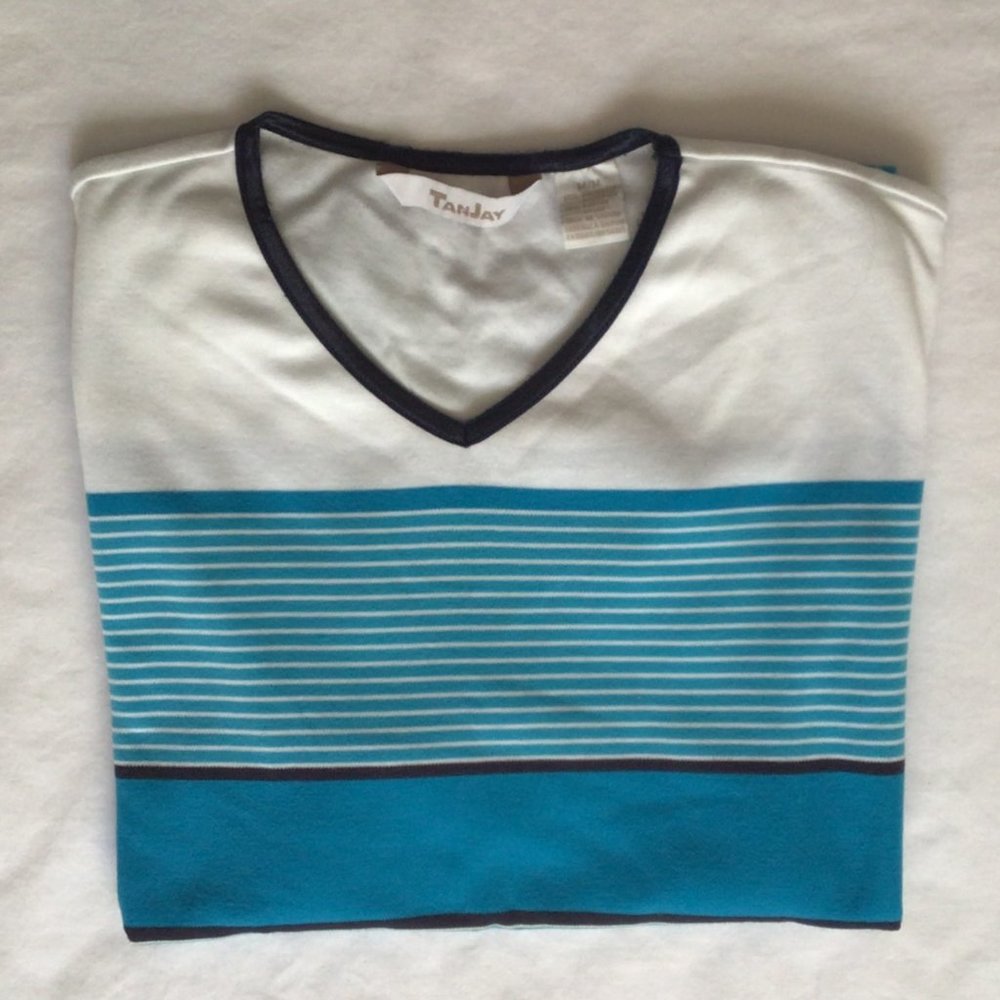 Tan Jay - Teal, white, black and tan horizontal stripe short sleeve top - Picture 3 of 7